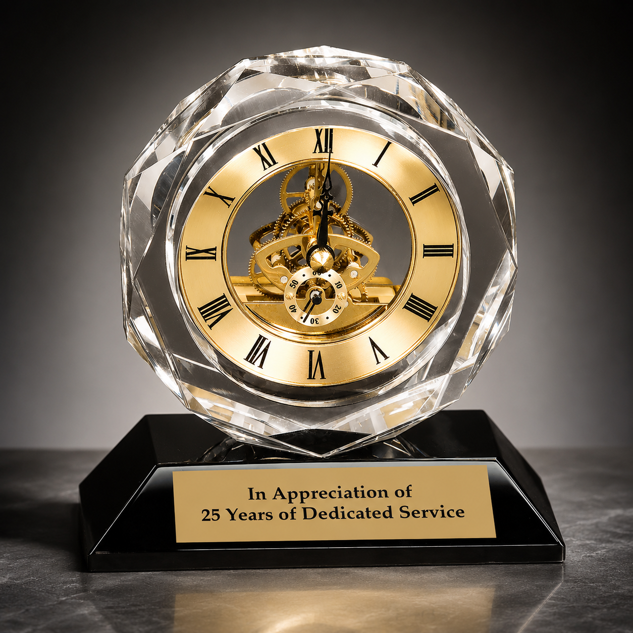 Personalized Crystal Clock Award with Black Pedestal Base | Engraved Executive Desk Clock | Corporate Recognition Gift | Retirement Award