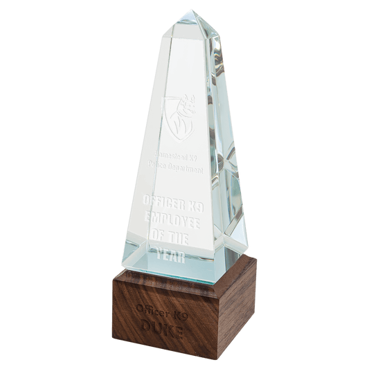 Personalized Glass Obelisk Award with Walnut Base | Custom Engraved Corporate Recognition Trophy | Executive Employee Appreciation Gift