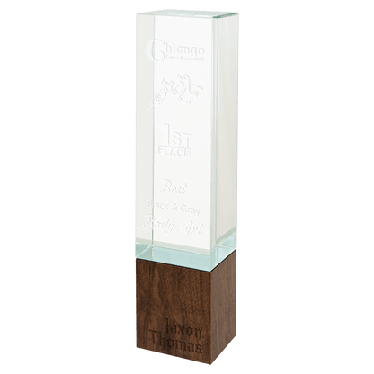 Personalized Sierra Glass Obelisk Award with Walnut Base | Custom Engraved Executive Recognition Trophy