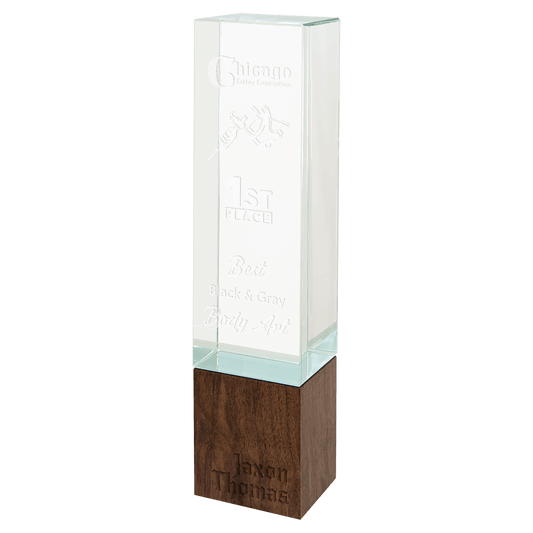 Personalized Sierra Glass Obelisk Award with Walnut Base | Custom Engraved Executive Recognition Trophy