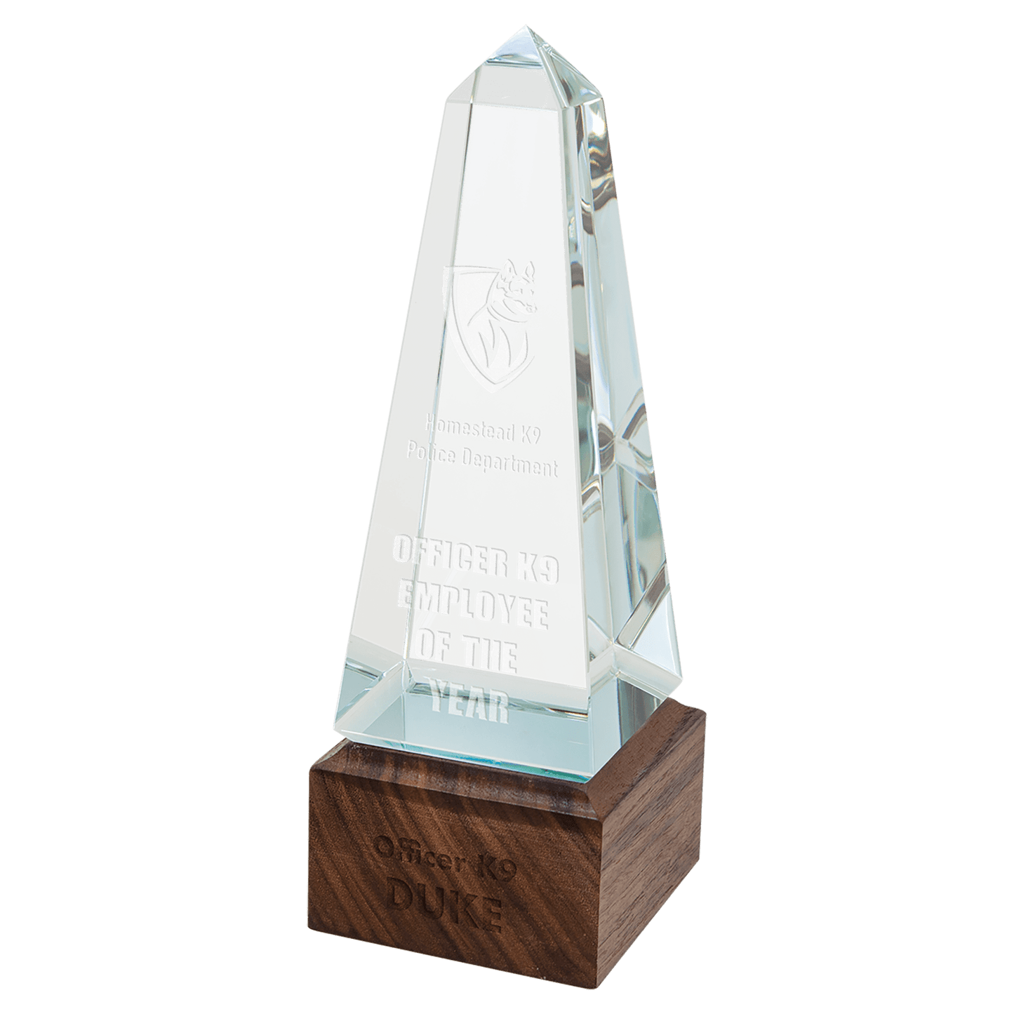 Personalized Glass Obelisk Award with Walnut Base | Custom Engraved Corporate Recognition Trophy | Executive Employee Appreciation Gift