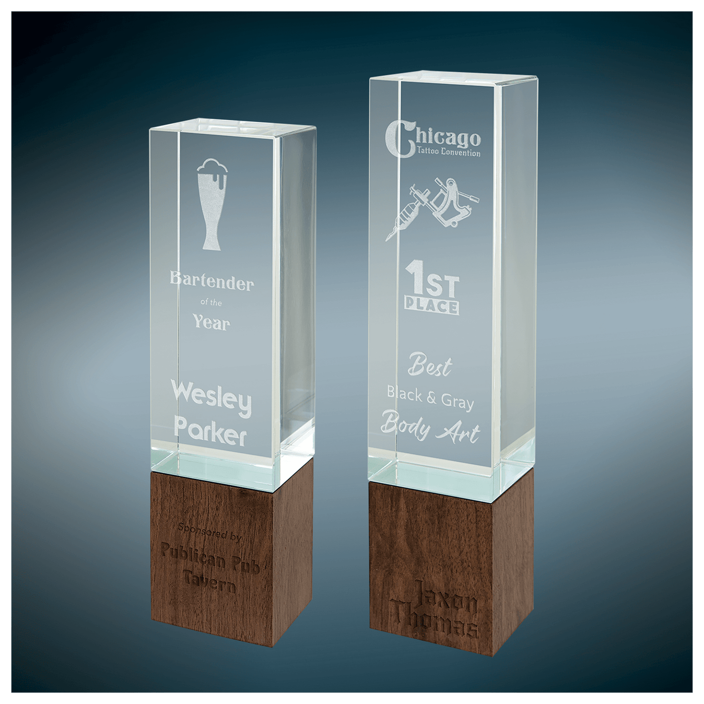 Personalized Sierra Glass Obelisk Award with Walnut Base | Custom Engraved Executive Recognition Trophy