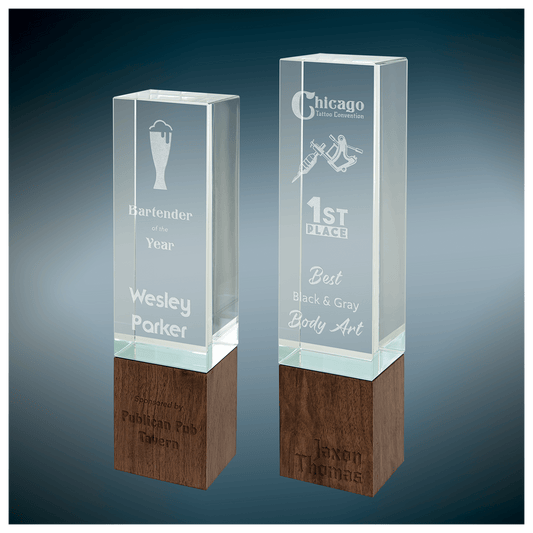 Personalized Sierra Glass Obelisk Award with Walnut Base | Custom Engraved Executive Recognition Trophy