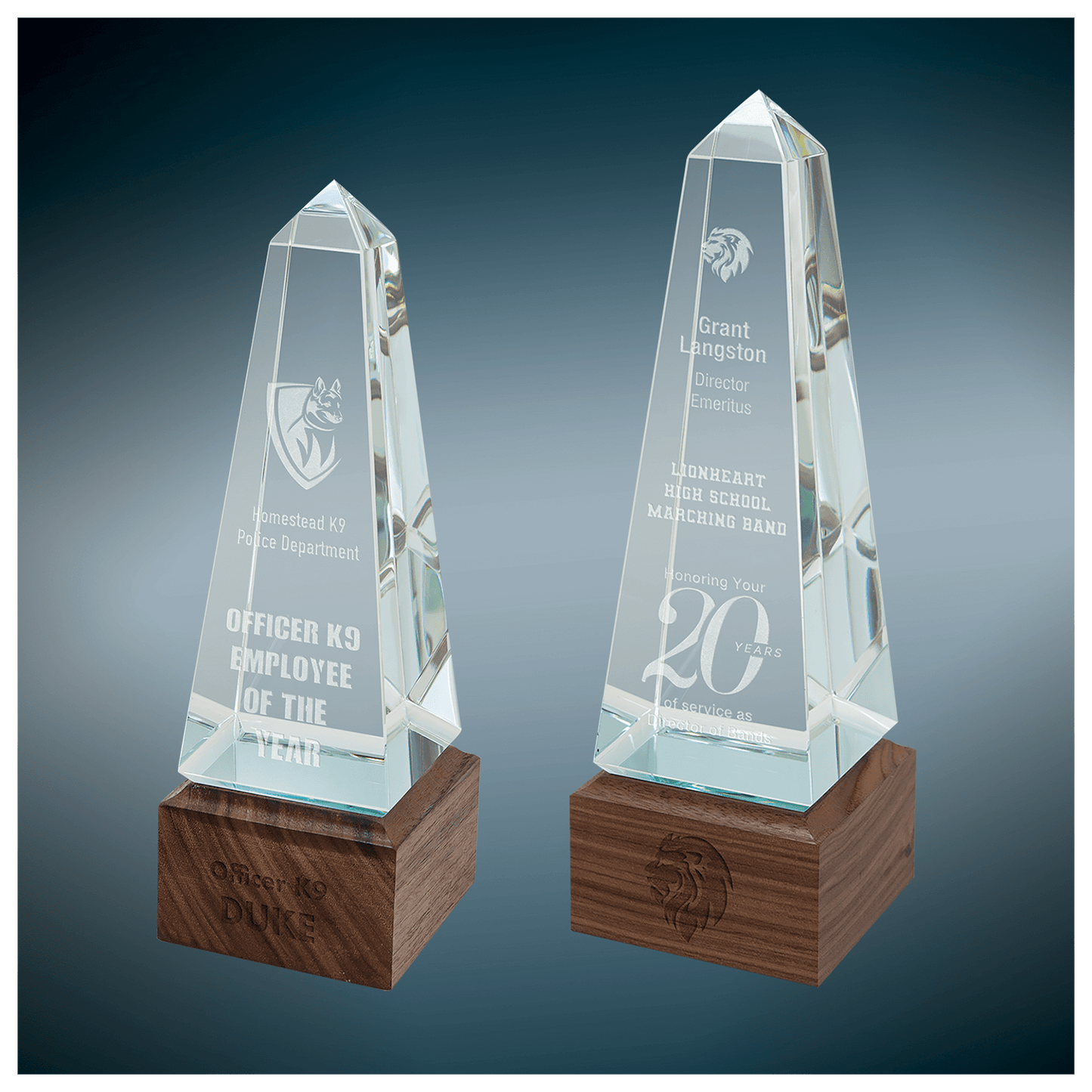 Personalized Glass Obelisk Award with Walnut Base | Custom Engraved Corporate Recognition Trophy | Executive Employee Appreciation Gift