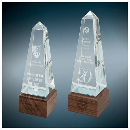 Personalized Glass Obelisk Award with Walnut Base | Custom Engraved Corporate Recognition Trophy | Executive Employee Appreciation Gift
