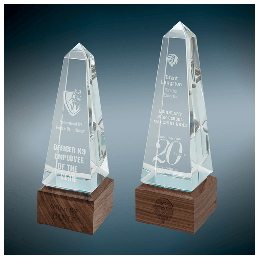 Personalized Glass Obelisk Award with Walnut Base | Custom Engraved Corporate Recognition Trophy | Executive Employee Appreciation Gift