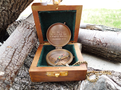 Engraved Compass & Wooden Box: Baptism, Confirmation Gift