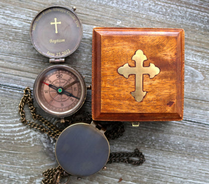 Engraved Compass & Wooden Box: Baptism, Confirmation Gift
