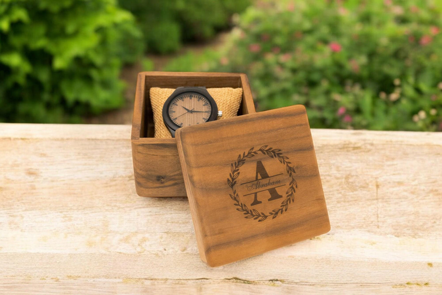 Engraved Wood Watch & Walnut Gift Box – Personalized Mens Watch