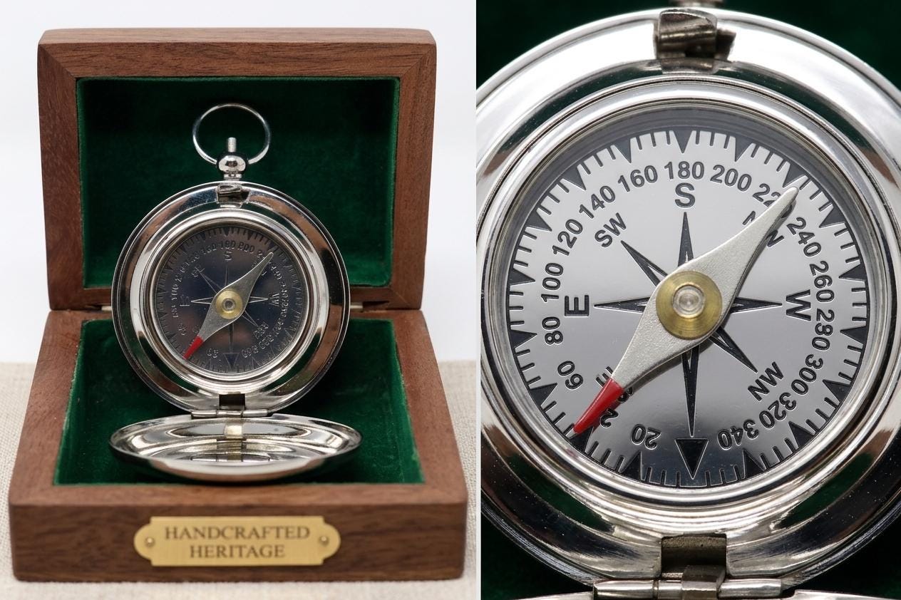 Engraved Compass, Silver Plated Navigational Tool, Cross Inlay Box