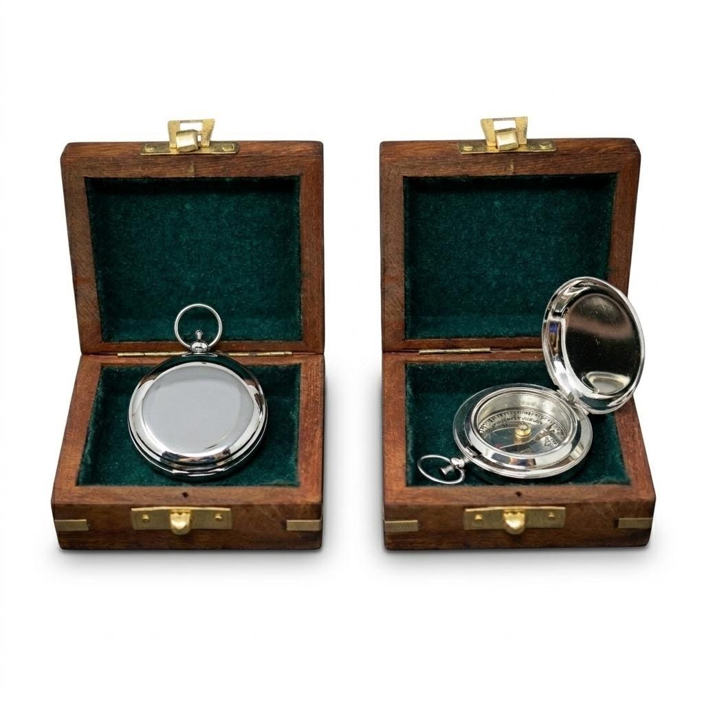 Engraved Compass, Silver Plated Navigational Tool, Cross Inlay Box