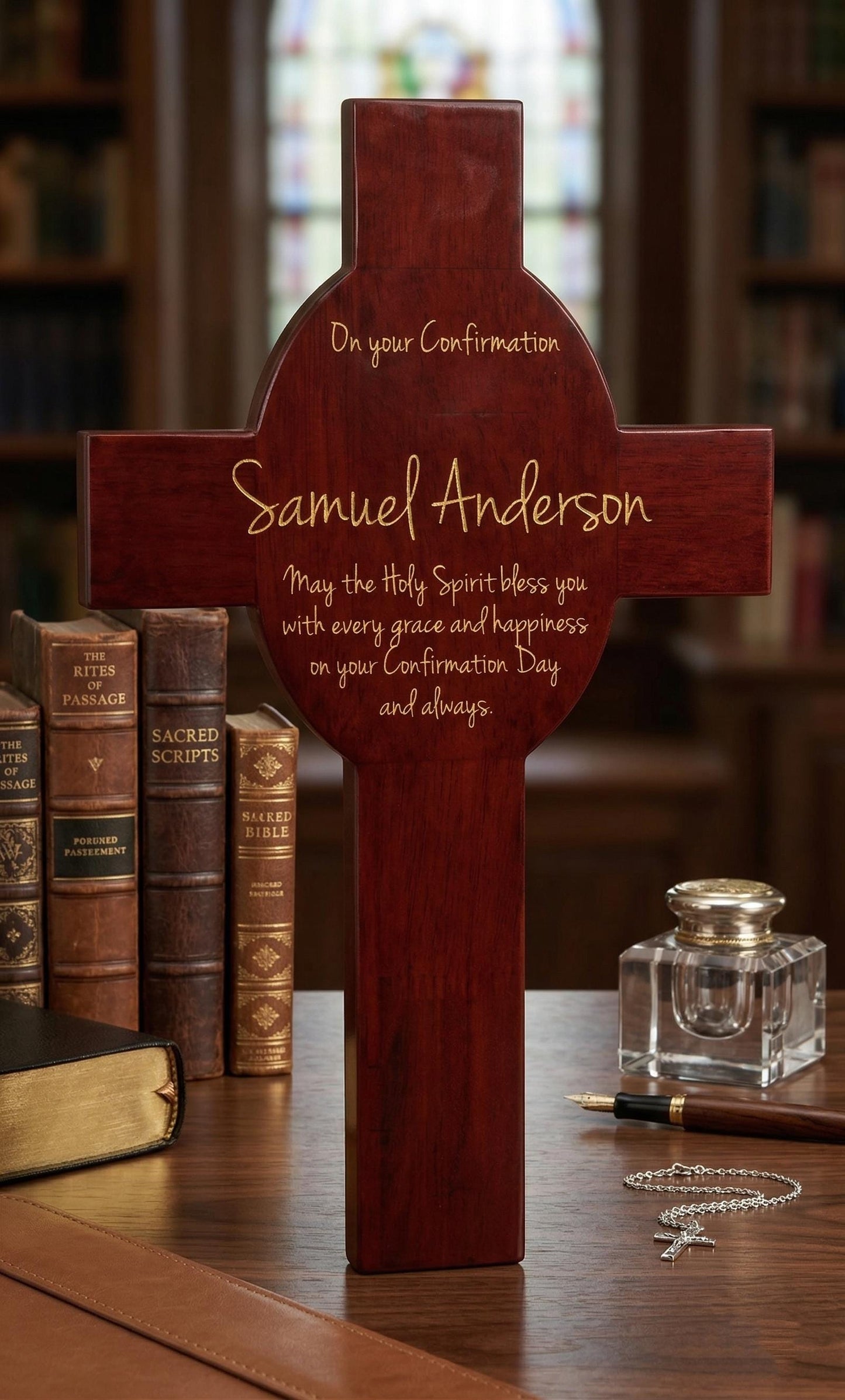Custom Engraved Rosewood Piano Finish Cross Keepsake - 8" x 13 5/8"