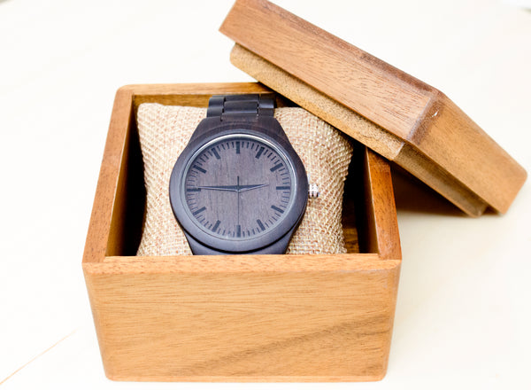 Engraved Wood Watch & Walnut Gift Box - Mens Watch, 5th Anniversary Gift Husband, Father of Bride Groom Dad Son Brother, Wedding Travel Gift